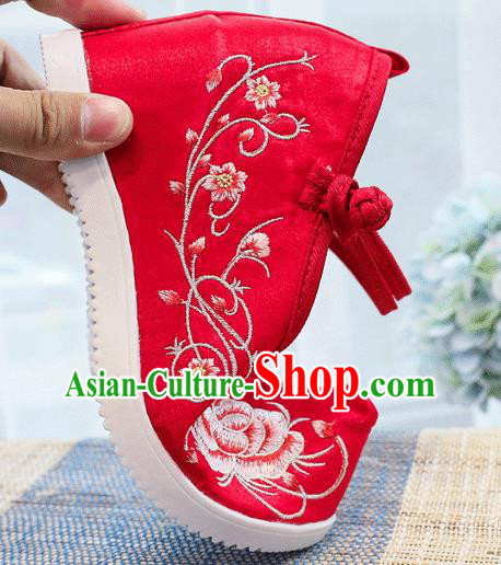 China National Bride Red Cloth Shoes Traditional Wedding Wedge Shoes Embroidered Peony Shoes