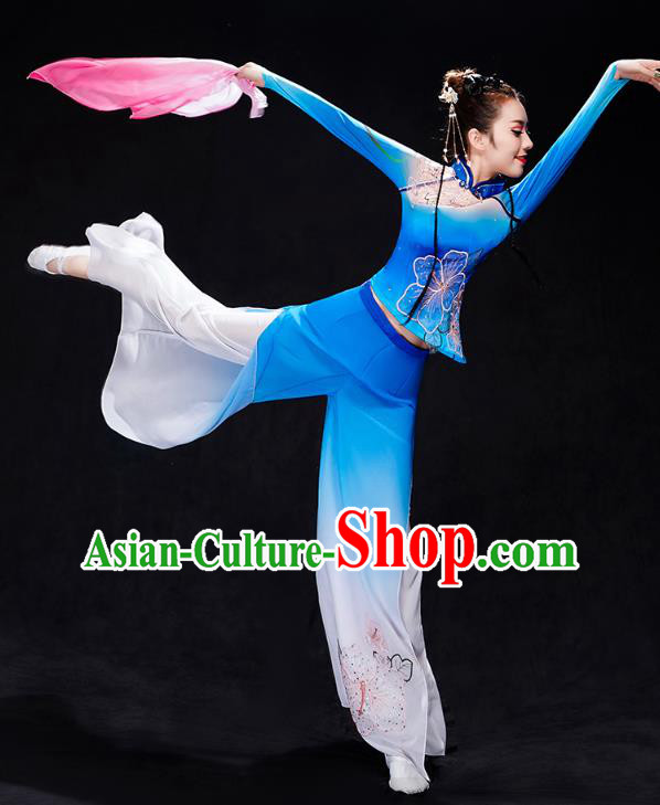 Chinese Fan Dance Blue Outfits Umbrella Dance Clothing Traditional Classical Dance Performance Costumes