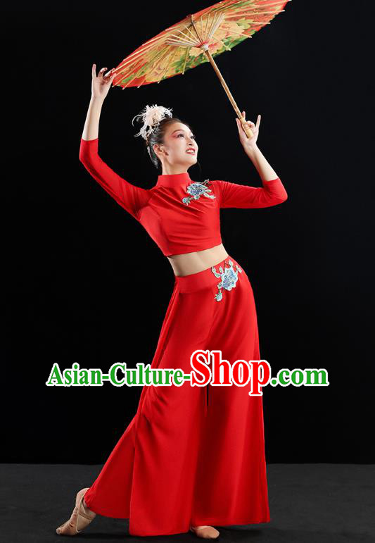 Chinese Traditional Classical Dance Costumes Fan Dance Red Outfits Umbrella Dance Clothing