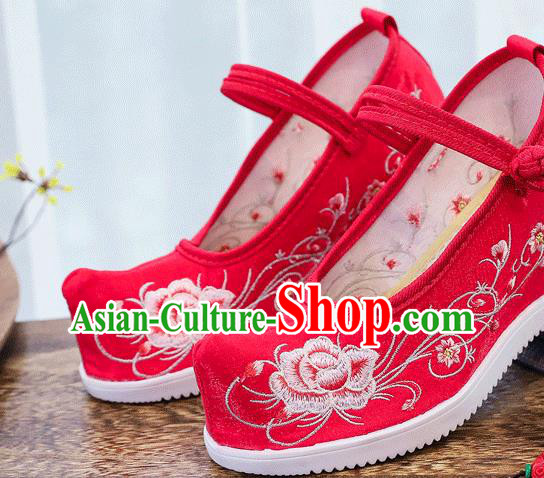 China National Red Cloth Shoes Traditional Wedding Bride Wedge Shoes Embroidered Peony Shoes