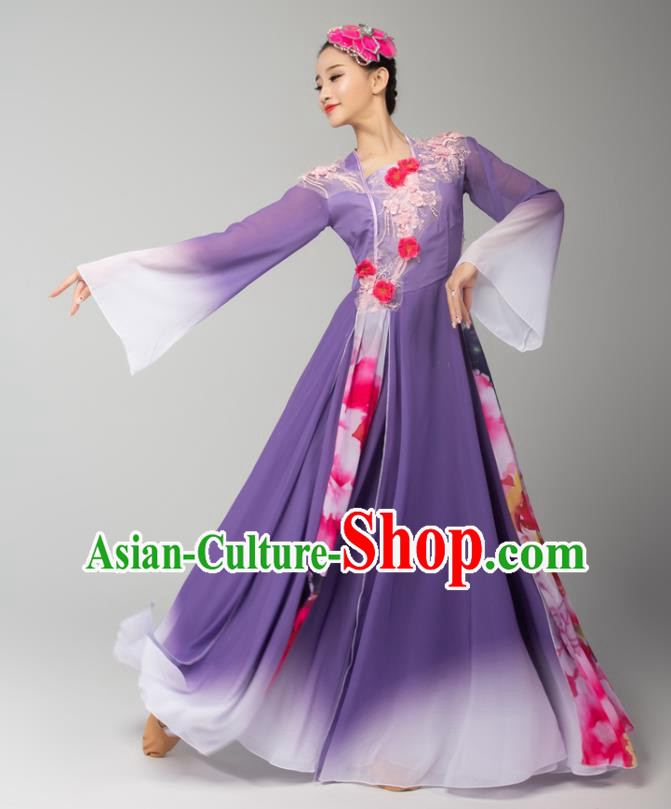 Chinese Umbrella Dance Violet Dress Traditional Fan Dance Performance Costumes Classical Dance Clothing