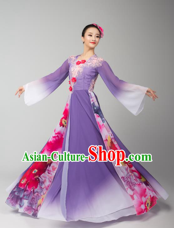 Chinese Umbrella Dance Violet Dress Traditional Fan Dance Performance Costumes Classical Dance Clothing