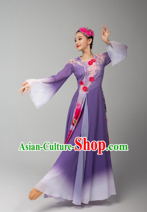 Chinese Umbrella Dance Violet Dress Traditional Fan Dance Performance Costumes Classical Dance Clothing