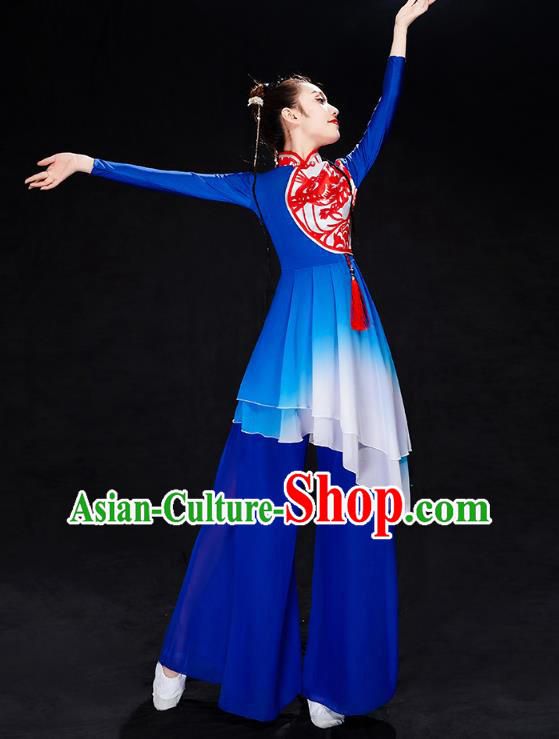 China Folk Dance Drum Dance Costume Yangko Dance Royalblue Uniforms Fan Dance Stage Performance Clothing