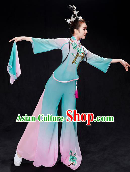 China Fan Dance Clothing Folk Dance Solo Dance Costume Yangko Dance Blue Uniforms