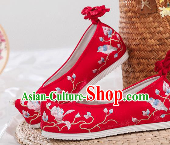 China National Wedding Red Satin Shoes Traditional Ming Dynasty Princess Bow Shoes Embroidered Mangnolia Shoes