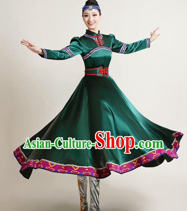 Chinese Mongolian Ethnic Dance Performance Costume Traditional Mongol Nationality Dance Competition Green Dress