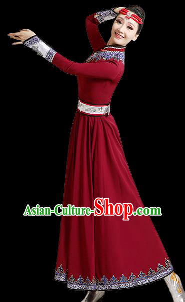 Chinese Mongolian Dance Wine Red Dress Traditional Mongol Nationality Outfits Ethnic Folk Dance Costume