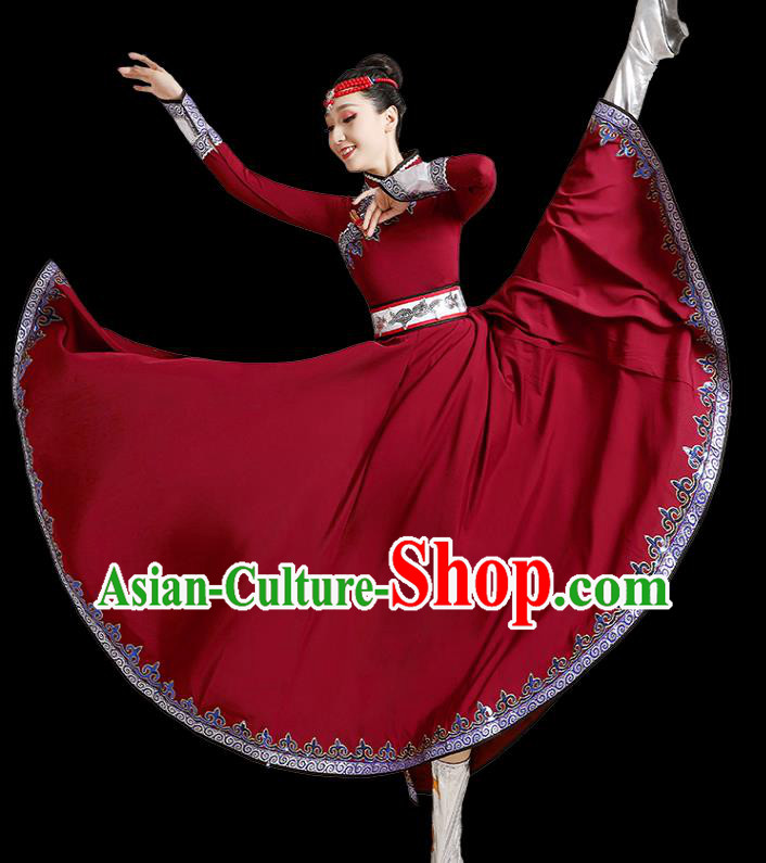 Chinese Mongolian Dance Wine Red Dress Traditional Mongol Nationality Outfits Ethnic Folk Dance Costume