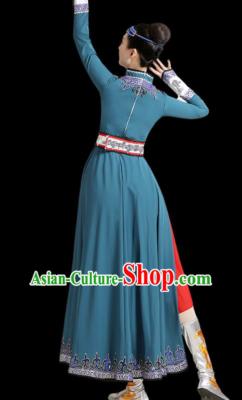 Chinese Ethnic Folk Dance Costume  Mongolian Dance Blue Dress Traditional Mongol Nationality Outfits