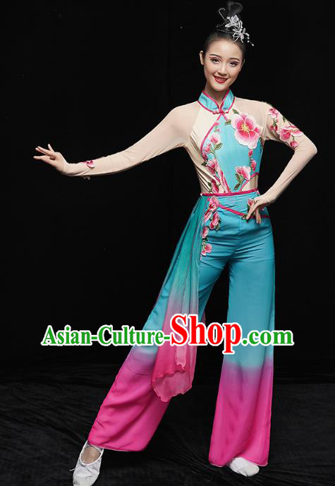 China Folk Dance Fan Dance Costume Yangko Dance Blue Uniforms Group Dance Performance Clothing