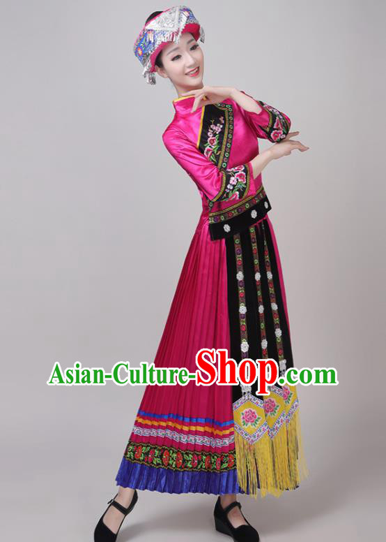 Chinese Traditional Tujia Ethnic Minority Folk Dance Costume  Yunnan Yi Nationality Performance Rosy Dress Outfits