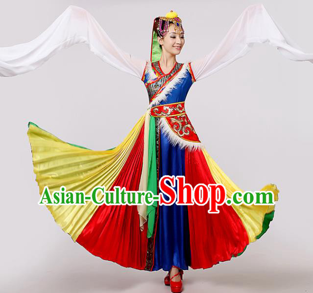 Chinese Traditional Tibetan Ethnic Minority Folk Dance Costume Zang Nationality Performance Water Sleeve Dress