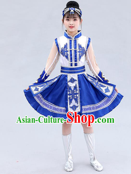 Chinese Traditional Mongol Nationality Children Royalblue Short Dress Mongolian Ethnic Stage Performance Costume