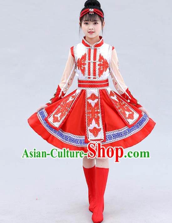 Chinese Mongolian Ethnic Stage Performance Costume Traditional Mongol Nationality Children Red Short Dress