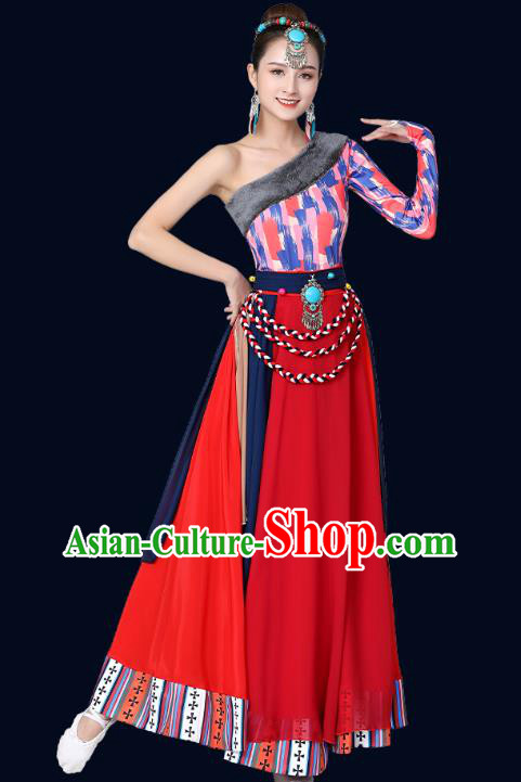 Chinese Traditional Tibetan Nationality Red Dress Xizang Zang Ethnic Folk Dance Costume