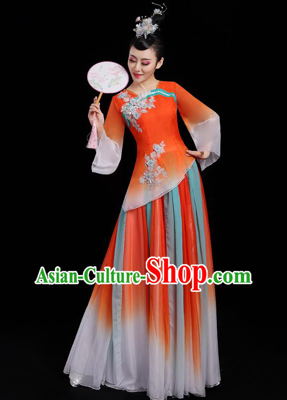 Chinese Traditional Umbrella Dance Clothing Classical Dance Costumes Opening Dance Orange Dress