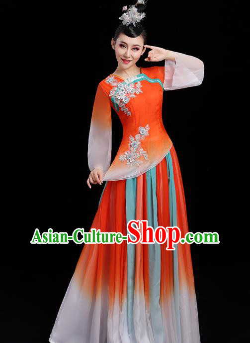 Chinese Traditional Umbrella Dance Clothing Classical Dance Costumes Opening Dance Orange Dress
