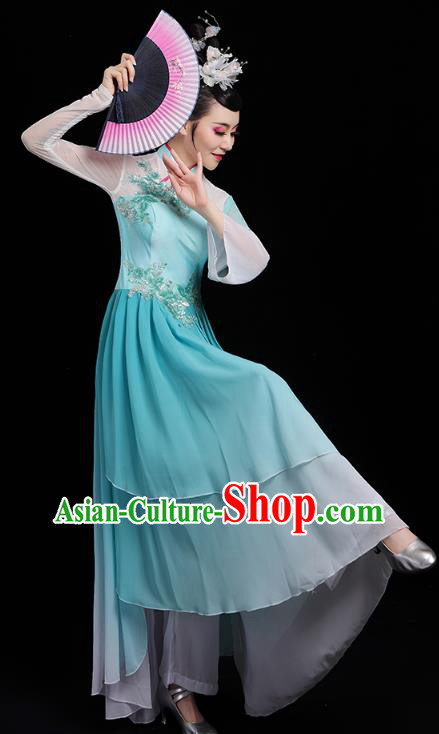 Chinese Traditional Fan Dance Clothing Classical Dance Costumes Umbrella Dance Blue Dress