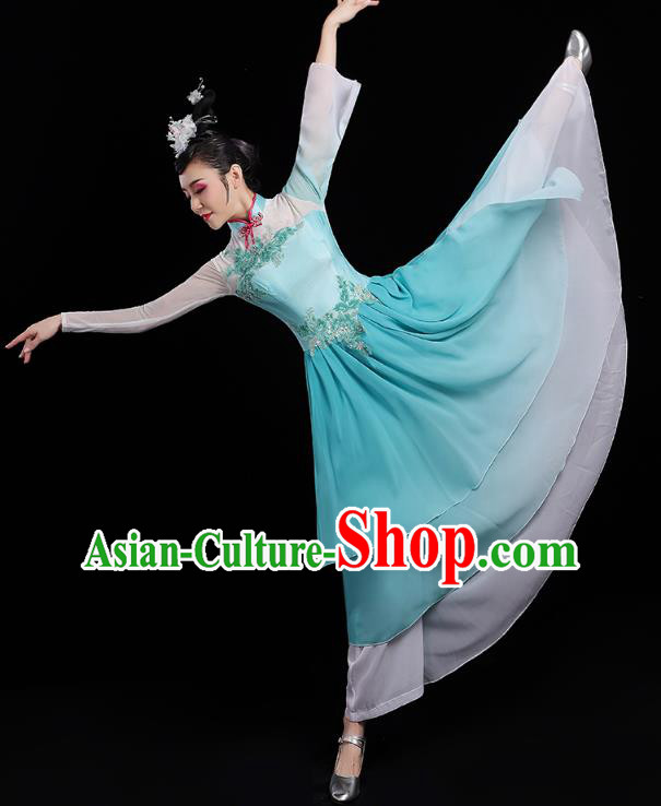 Chinese Traditional Fan Dance Clothing Classical Dance Costumes Umbrella Dance Blue Dress