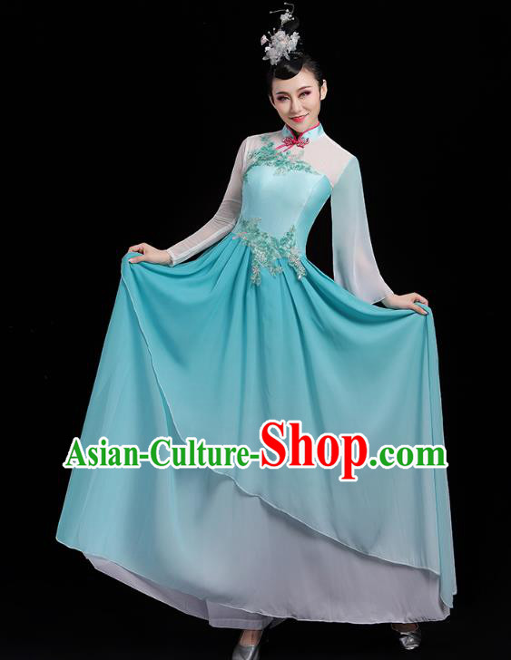 Chinese Traditional Fan Dance Clothing Classical Dance Costumes Umbrella Dance Blue Dress