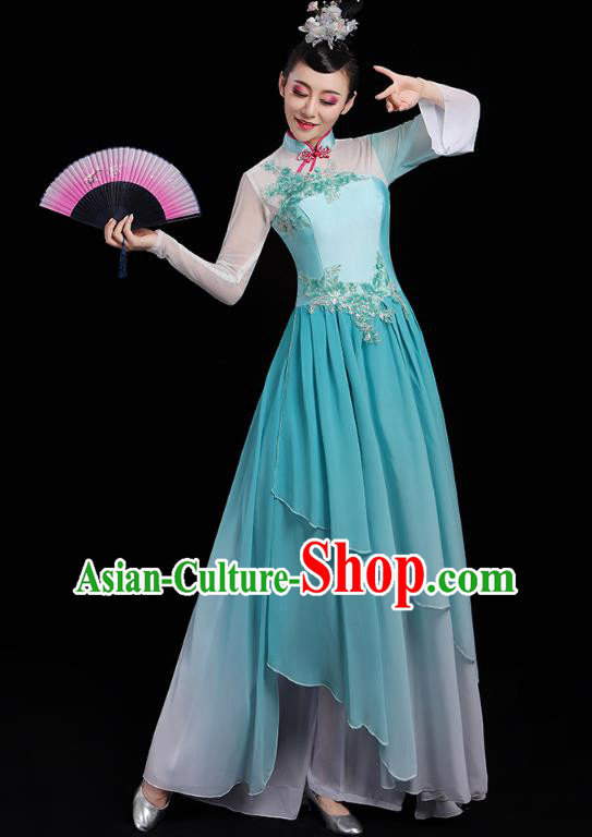 Chinese Traditional Fan Dance Clothing Classical Dance Costumes Umbrella Dance Blue Dress
