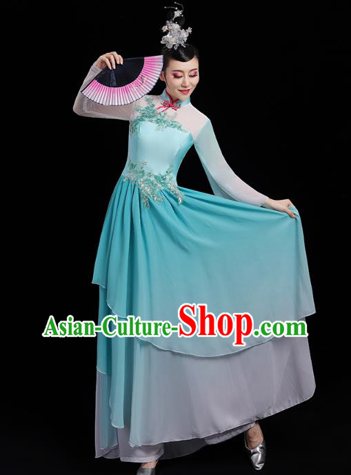 Chinese Traditional Fan Dance Clothing Classical Dance Costumes Umbrella Dance Blue Dress