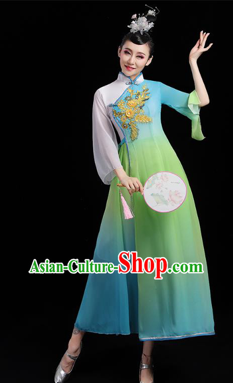 Chinese Umbrella Dance Blue Dress Traditional Fan Dance Clothing Classical Dance Costumes