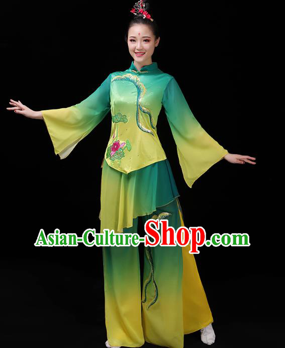 China Group Dance Lotus Dance Clothing Folk Dance Fan Dance Costume Yangko Dance Green Uniforms
