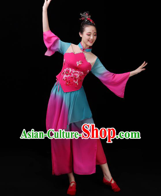 China Yangko Dance Rosy Uniforms Jasmine Dance Clothing Folk Dance Fan Dance Costume