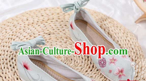 China Ancient Princess Light Blue Shoes Traditional Hanfu Bow Shoes Embroidered Shoes