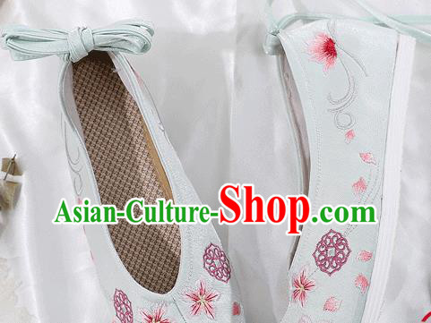 China Ancient Princess Light Blue Shoes Traditional Hanfu Bow Shoes Embroidered Shoes