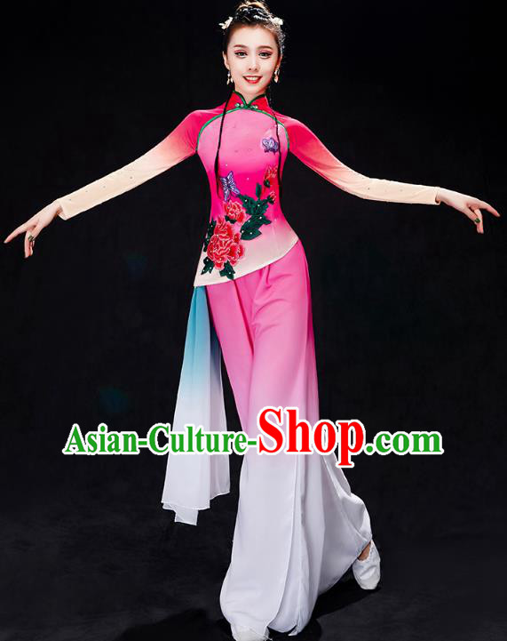 China Yangko Dance Rosy Uniforms Fan Dance Stage Performance Clothing Folk Dance Costume