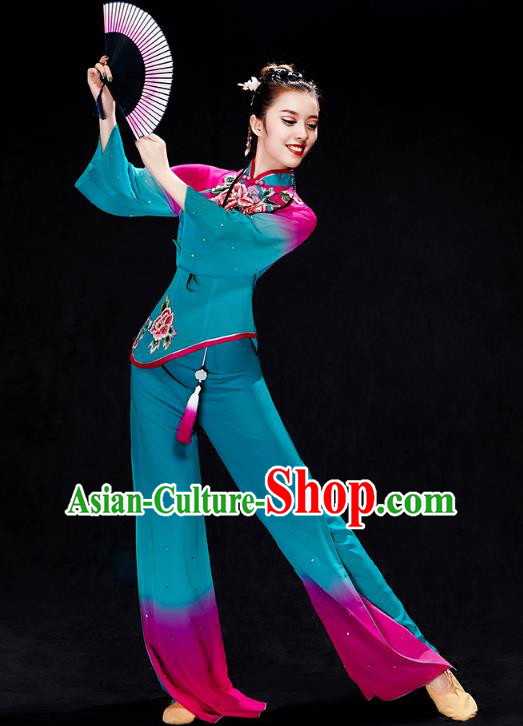 China Folk Dance Costume Yangko Dance Blue Uniforms Fan Dance Stage Performance Clothing