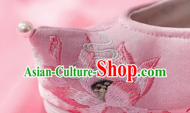 China Traditional Hanfu Bow Shoes Embroidered Lotus Shoes Ancient Princess Pink Cloth Shoes