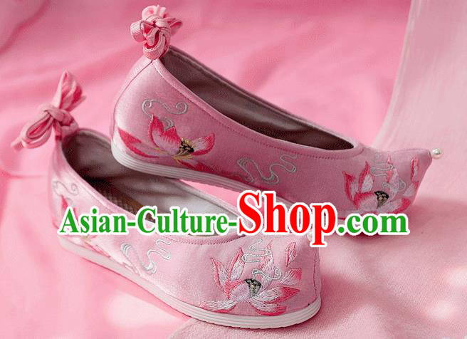 China Traditional Hanfu Bow Shoes Embroidered Lotus Shoes Ancient Princess Pink Cloth Shoes
