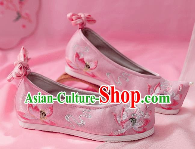 China Traditional Hanfu Bow Shoes Embroidered Lotus Shoes Ancient Princess Pink Cloth Shoes
