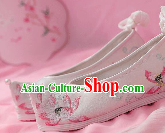 China Ancient Princess White Cloth Shoes Traditional Hanfu Bow Shoes Embroidered Lotus Shoes