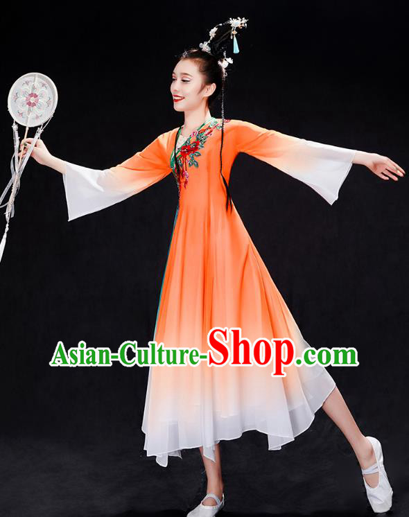 Chinese Traditional Umbrella Dance Clothing Classical Dance Costumes Woman Solo Dance Orange Dress