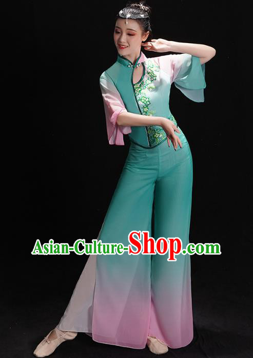 China Fan Dance Clothing Folk Dance Costume Jiaozhou Yangko Dance Green Uniforms
