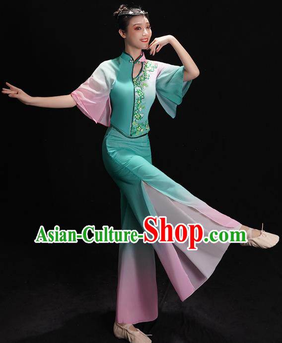 China Fan Dance Clothing Folk Dance Costume Jiaozhou Yangko Dance Green Uniforms