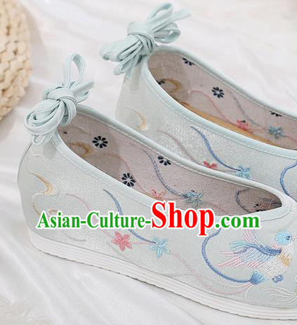 China Traditional Hanfu Shoes Embroidered Light Blue Cloth Shoes Ancient Princess Bow Shoes