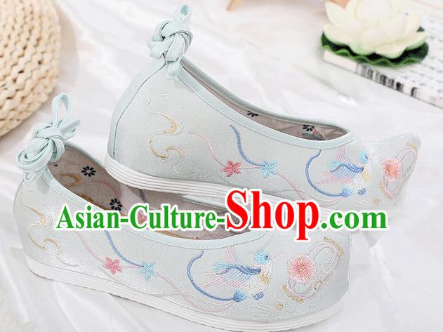 China Traditional Hanfu Shoes Embroidered Light Blue Cloth Shoes Ancient Princess Bow Shoes