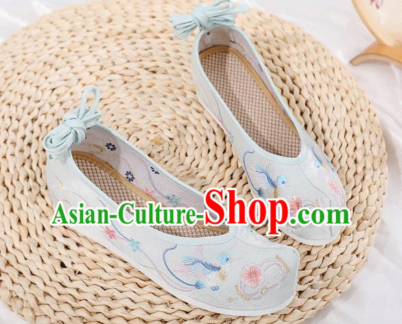 China Traditional Hanfu Shoes Embroidered Light Blue Cloth Shoes Ancient Princess Bow Shoes