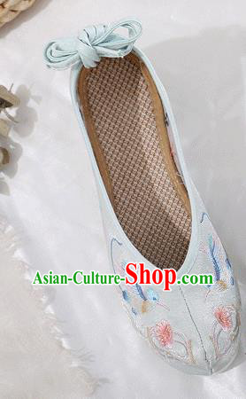 China Traditional Hanfu Shoes Embroidered Light Blue Cloth Shoes Ancient Princess Bow Shoes