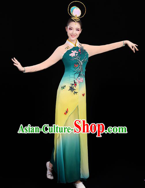 Chinese Umbrella Dance Embroidered Orchids Green Dress Traditional Performance Clothing Classical Dance Costumes