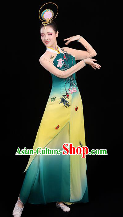 Chinese Umbrella Dance Embroidered Orchids Green Dress Traditional Performance Clothing Classical Dance Costumes