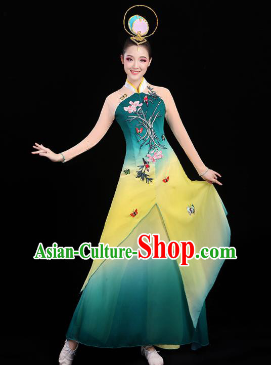 Chinese Umbrella Dance Embroidered Orchids Green Dress Traditional Performance Clothing Classical Dance Costumes