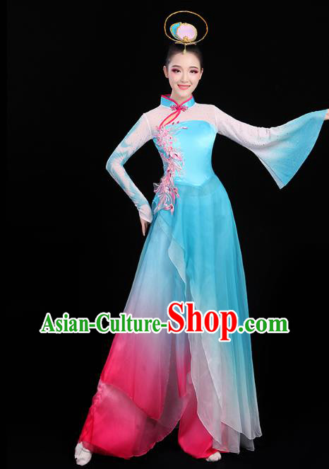 Chinese Classical Dance Costumes Umbrella Dance Embroidered Blue Dress Traditional Performance Clothing