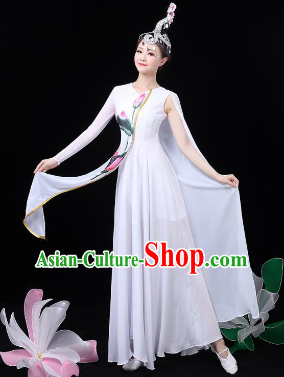 Chinese Umbrella Dance White Dress Traditional Lotus Dance Performance Clothing Classical Dance Costume